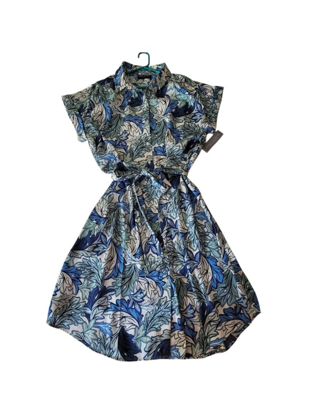 Lane Bryant Button Up Shirt Dress Cream Blue Green Leaf Pattern 16 NWT MSRP $100